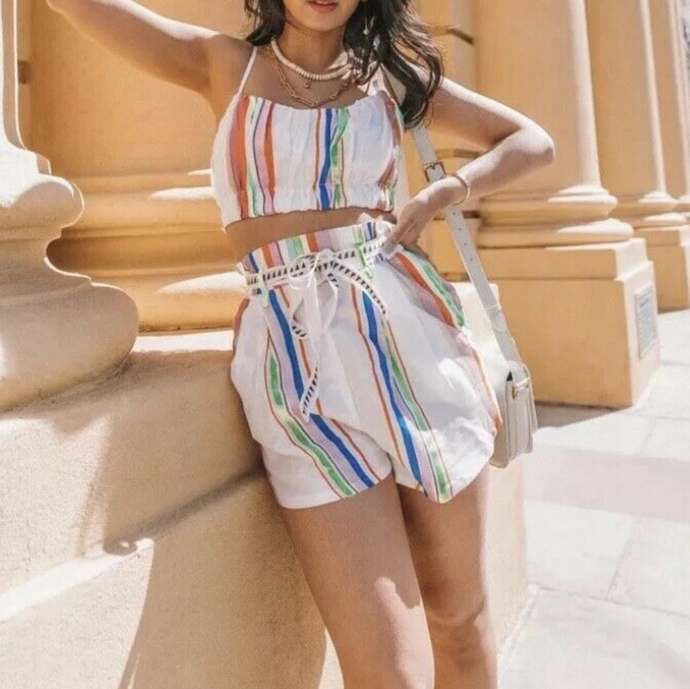 Lemlem x H&M Set Lyocell Striped Belted Shorts & Matching Cropped Top Size Small